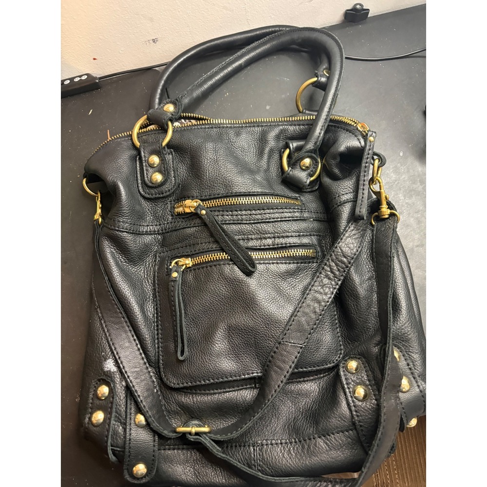 Linea Pelle Black Pebbled Leather Satchel Crossbody Bag Gold Studded Zebra Liner